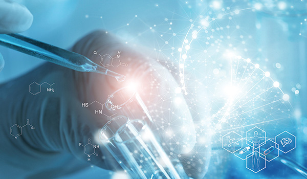 scientist using tweezers to hold a glass test tube in a laboratory with digital graphics and chemical formulas illustrating scientific research and innovation in chemistry 3 discoveries 3 experiments 3 techniques